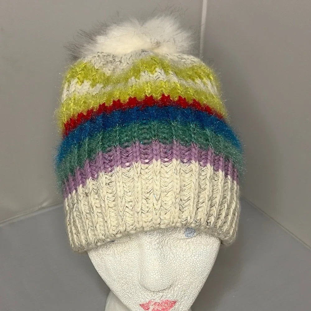 Rainbow Striped Knit Beanie Hat with Faux Fur Pom Pom and Metallic Tinsel Accent